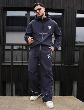 Conjunto de chaqueta con capucha con cremallera y estampado de letras y pantalones con ribete de contraste para hombres, conjunto de 2 piezas, conjunt - Shein - FashionsVida
