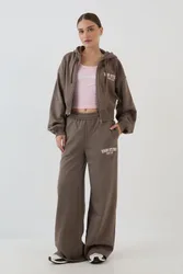 Womens Applique Straight Leg Jogger - Taupe Cotton - Size Small