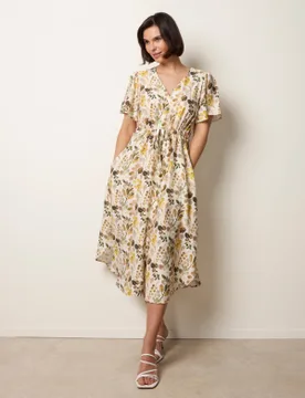 Leaf Print Tie Waist Shirt Midi Dress - S/M / IVORY / YELLOW - female - Blue Vanilla - FashionsVida