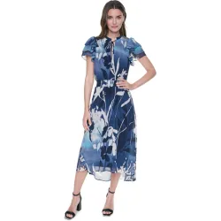 Vestido midi fluido con el bajo asimétrico y manga corta de mujer