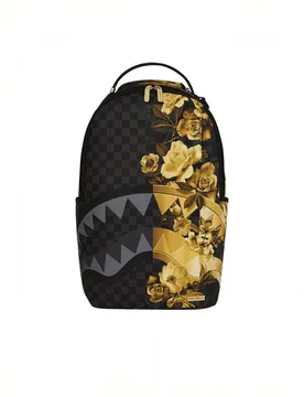 Zaino Gold Floral Remix in similpelle a scacchi neri e grigi con grafica floreale dorata - Sprayground - FashionsVida
