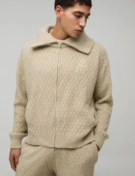 Men's Regular Fit 1/4 Zip Funnel Neck Embroidered Knitted Sweatshirt Taupe Size Large Taupe L - boohooMAN - FashionsVida