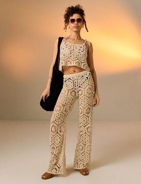 Pantaloni Flare all’Uncinetto Trasparenti - beige
