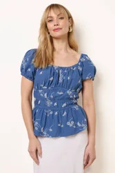 Women's Elasticated Waist Blue Short Sleeve Slip On Square Top Size: Small - Blue - Size: S