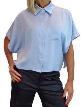 Women's Cropped Satin Short Sleeve Shirt in Light Blue Size: 12 - Light Blue - Size: 12 - Paulo Due - FashionsVida