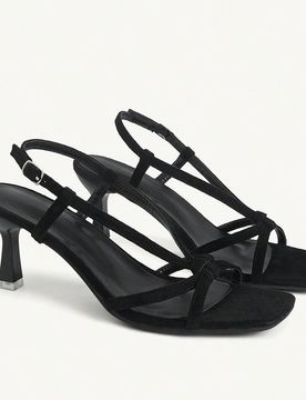 Zapatos de mujer con tiras cruzadas, punta abierta, punta cuadrada, tacón de aguja, moda para ir al trabajo, sandalias de tacón alto de ante negro,
