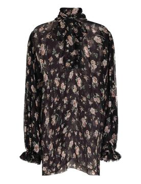 Blusa Nera In Seta Con Stampa A Fiori