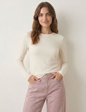 T-shirt a coste a maniche lunghe con modal - nude