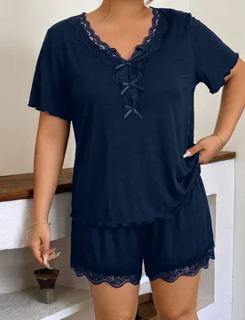Conjunto de ropa de estar en casa casual y relajada para mujer talla grande, azul marino, con cuello en V, ribete de encaje, lazo, bajo con volantes, - Shein - FashionsVida