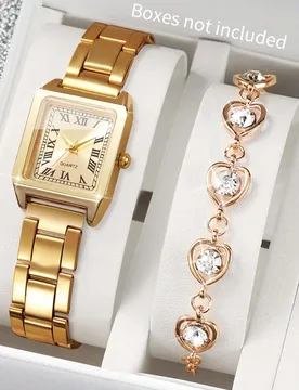 Set de 2 piezas: Reloj de cuarzo con esfera de números romanos cuadrada + Pulsera con diamantes en forma de corazón para regalo de mujer, sin caja d - Shein - FashionsVida