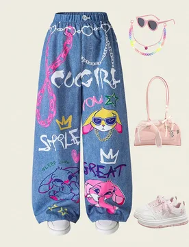 Pantalones anchos de cintura elástica con estampado de dibujos animados de efecto vaquero para niñas preadolescentes. Corte holgado y cómodo, adecu - Shein - FashionsVida