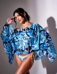 Printed Beach Cover Up Poncho Blue Mix female