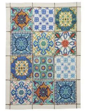 Canovaccio Camastra in lino bianco a fantasia piastrelle siciliane blu - Tessitura Toscana Telerie - FashionsVida
