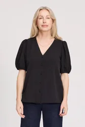 Fleur Short Sleeve Button Through Top - Black - Size: 18
