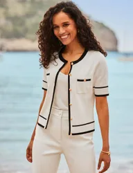 Crew Neck Tipped Detail Cardigan Cream female