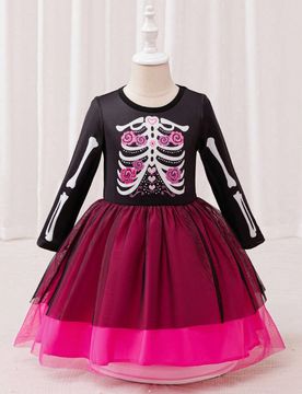 Vestido con estampado gráfico lindo y superposición de malla para niña, adecuado para vacaciones y días festivos