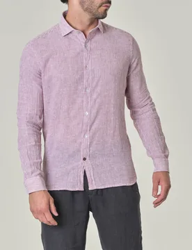Camicia a micro righe bordeaux e bianche in cotone e lino con colletto alla francese - Alley Docks - FashionsVida