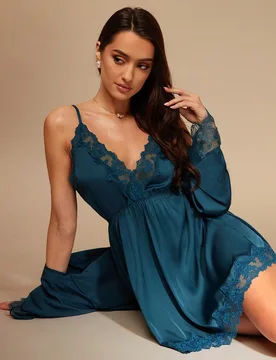 Conjunto de vestido y bata sin mangas con encaje en contraste, ropa de dormir, ropa de otoño e invierno para mujer - Shein - FashionsVida