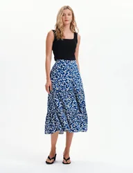 Floral Button Through Midi Tiered Skirt Navy Mix female