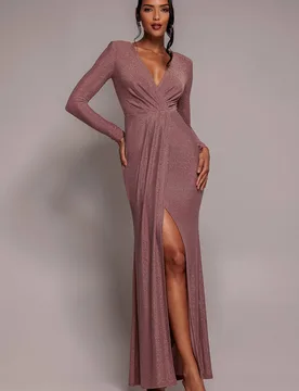 Women's Plunge Neck Wrap Front Split Sparkling Maxi Dress in Rose Size: 16 - Rose - Size: 16 - Goddiva - FashionsVida