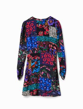 Robe courte découpe patchwork, Viscose, Noir, XS