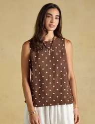 Linen Blend Round Neck Sleeveless Top Brown Mix female