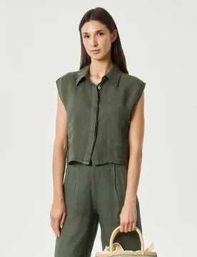 Camicia cropped salvia in puro lino con maniche ad aletta e abbottonatura nascosta - Hlo! - FashionsVida