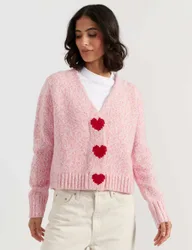 Pure Merino Wool Heart V-Neck Cardigan Pink Mix female