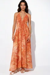 Womens Ethnic Patterned Bohemian Maxi Dress - Orange - Size X-Small