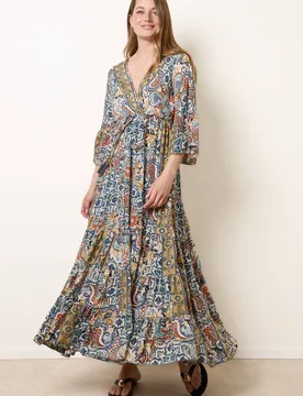 Multi Wrap Over Tiered Art Silk Dress - Multicolor - Size: S/M - Blue Vanilla - FashionsVida