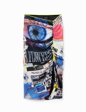 Jupe midi ajustée froncée collage, Polyester, Noir, XS