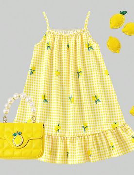 Vestido de niña con estampado digital de cuadros de limón y volantes en el bajo, tejido de tela, adecuado para uso diario en verano, salidas, viajes