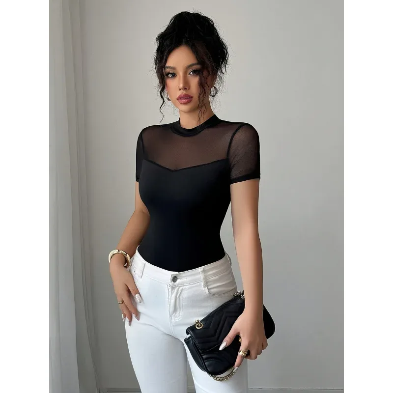 Women'S Solid Sheer Patchwork Round Neck Short Sleeve-Shirt, Versatile, Suitable Summer - Aliexpress - FashionsVida