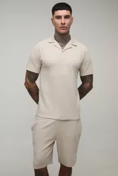Herren Großgrößen Schmal Geschnittenes Waffel-Struktur Reverskragen Poloshirt & Shorts Set Stone Größe Medium