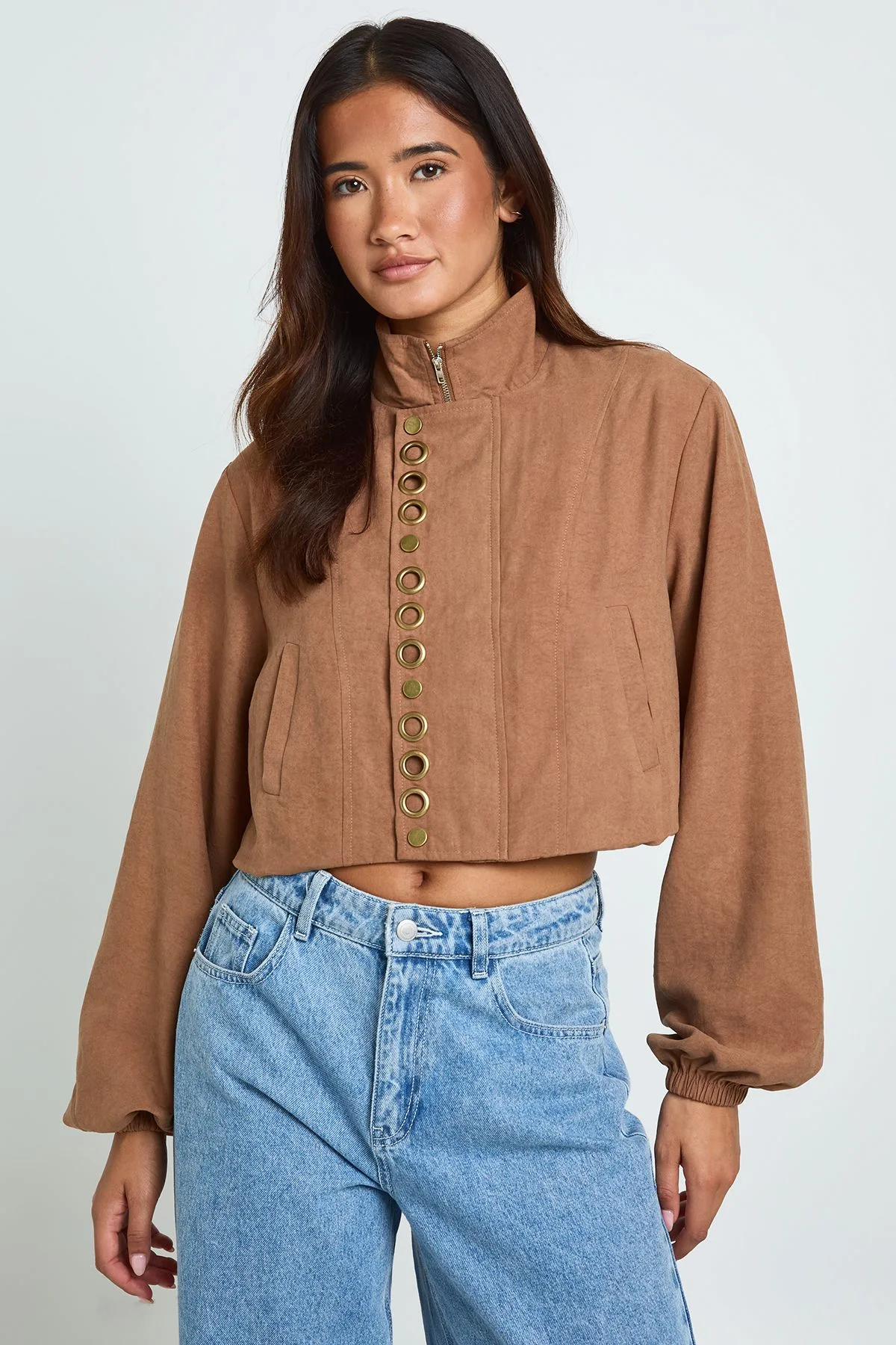 Womens Stud Detail Cropped Funnel Top - Tan - Size 6 Uk - Boohoo - FashionsVida