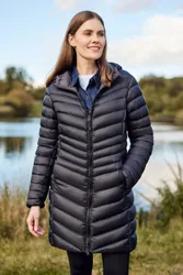 Women's 'Florence' Padded Lightweight Water Resistant Longline Hooded Jacket in Jet Black Size: 14 - Jet Black - Size: 14