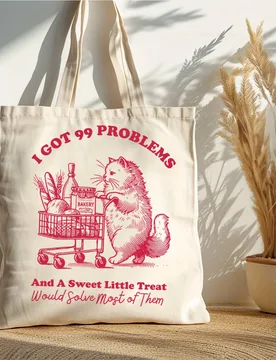 Canvas Handbag for Shopping with Cute Cat. I Have 99 Questionsdesign with Cat Cartoon Illustrations - Aliexpress - FashionsVida