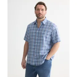 Camisa de manga corta lino algodón cuadros madrás regular fit