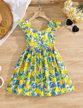 Vestido casual con cuello cuadrado tejido, volantes y dobladillo fruncido para niña