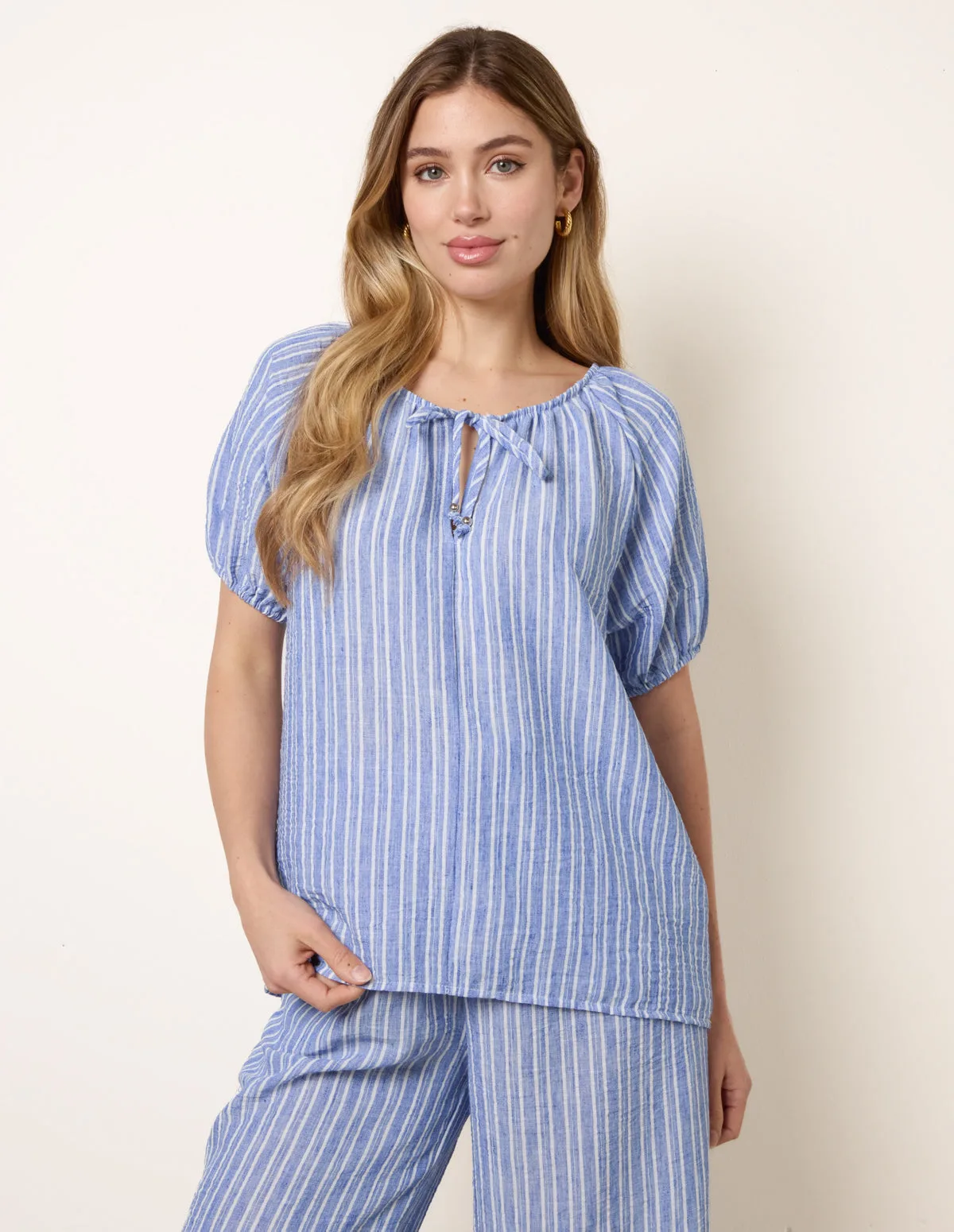Tie Front Stripe Blouse - S / DENIM - female - Blue Vanilla - FashionsVida