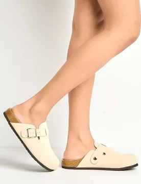 Women's Klara Cork Sole Buckle Detail Clogs Shoes in Cream Size: 4 - Cream - Size: 4 - Miss Diva - FashionsVida
