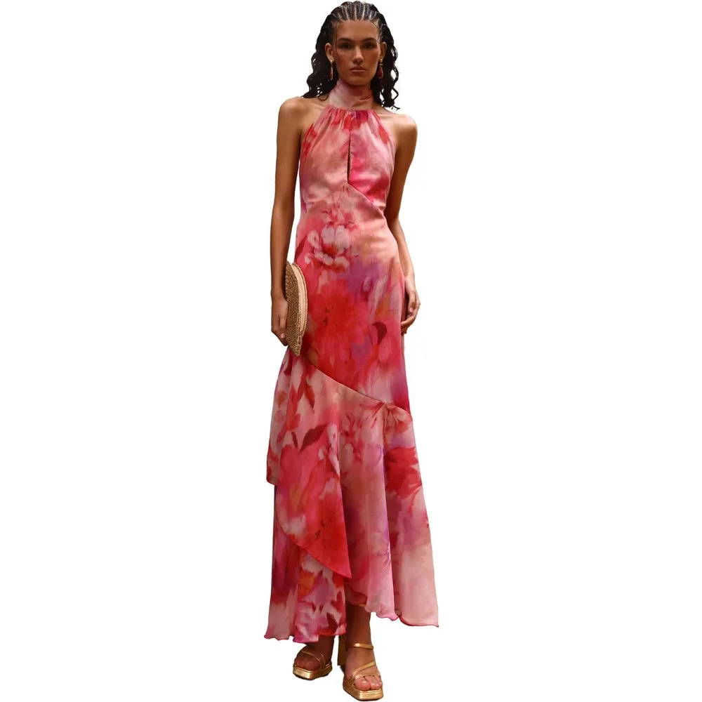 Vestido largo estampado con cuello halter - MIPHAI - FashionsVida