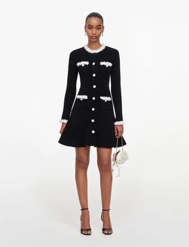 Button-Front Dress with Contrast Floral Trim and Functional Pockets