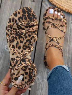 Sandalias planas con estampado de leopardo para mujer, diseño de cruce, cómodas y versátiles, aptas para interiores, exteriores, vacaciones y diver