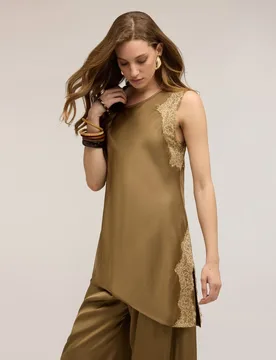 Blusa de mujer asimétrica de raso con encaje diseño asimétrico con dobladillo irregular - Motivi - FashionsVida