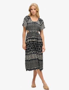 Superdry Damen Bedrucktes Midikleid mit Aussparung Schwarz - Größe: 40