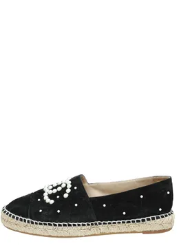 Black Suede Pearl Embellished Espadrilles - Chanel - FashionsVida
