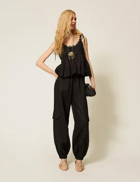 Pantalon de jogging en lin et broderie anglaise - TWINSET - FashionsVida