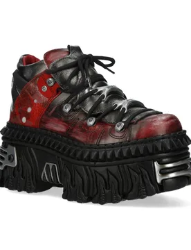 Unisex M-Wall106n-C17 Red Silver Leather Gothic Urban Ankle Boots - Size Eu 37 - New Rock - FashionsVida