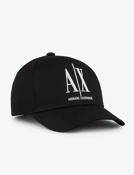 Cappellino nero a visiera in cotone con scritta logo bianca ricamata - Armani - FashionsVida